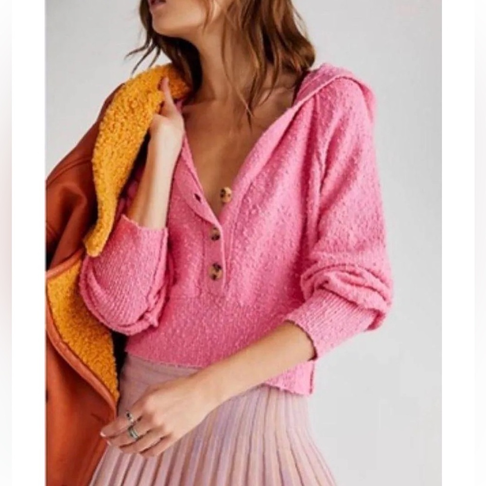 Free People Small Pink Textured Sweater with Button Detail